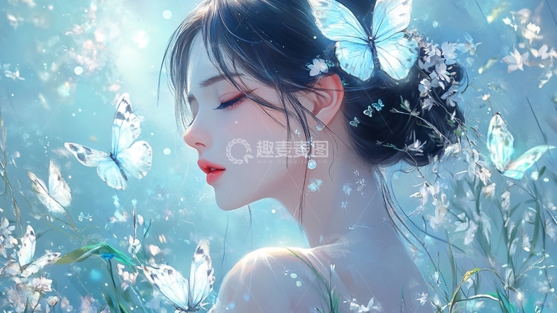 高清大图下载【趣麦麦图】蓝发女孩蝴蝶唯美意境