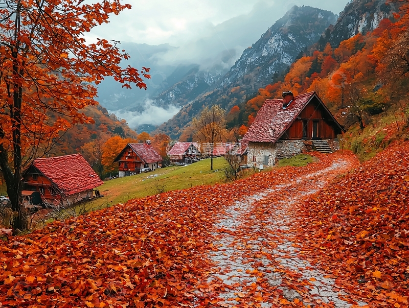 高清大图下载【趣麦麦图】秋日山村红叶小路