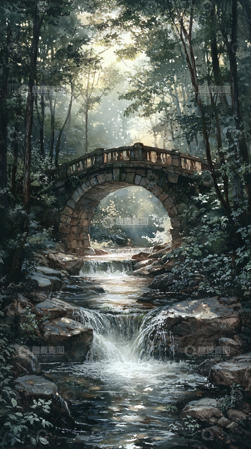 高清大图下载【趣麦麦图】幽静森林古桥流水