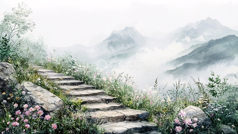 高清大图下载【趣麦麦图】云雾缭绕的山间石阶