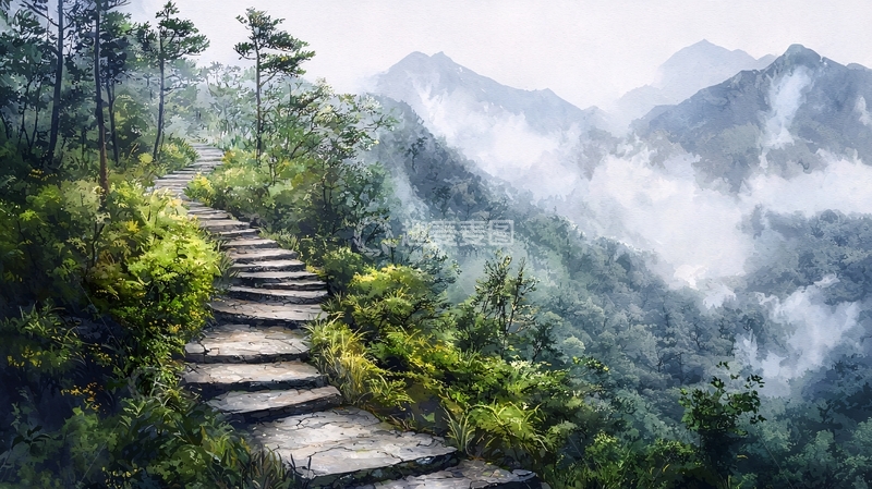 高清大图下载【趣麦麦图】云雾缭绕的山间石阶