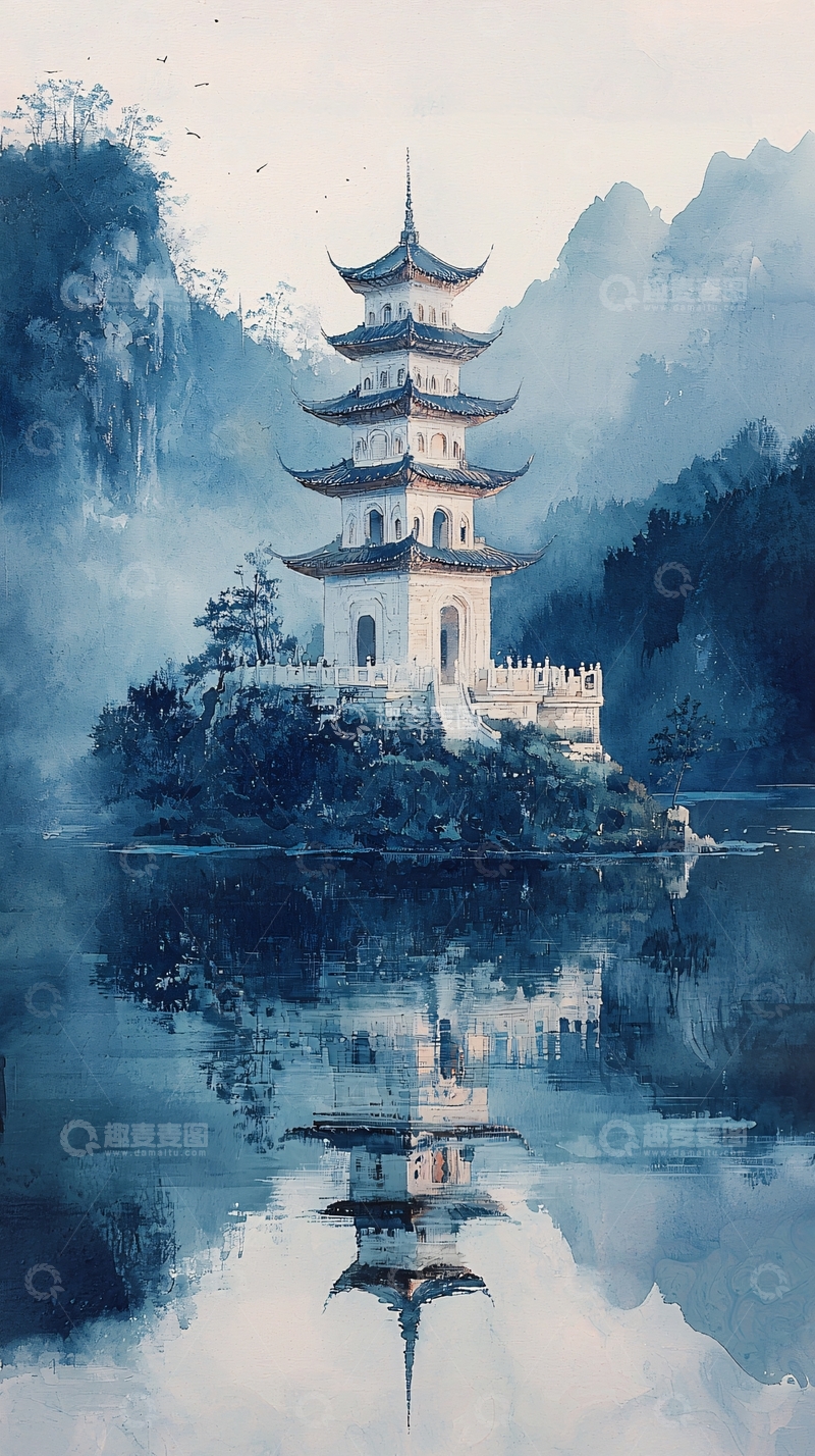 高清大图下载【趣麦麦图】水墨风山水间的宝塔