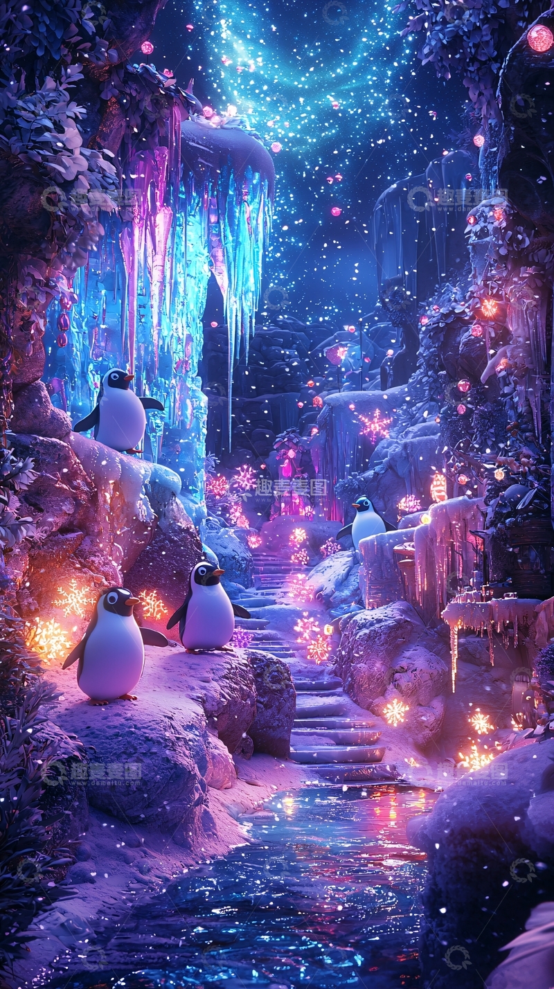 高清大图下载【趣麦麦图】梦幻冬季仙境企鹅