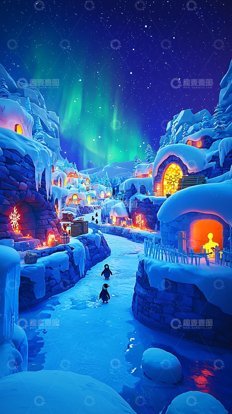高清大图下载【趣麦麦图】极光下的冰雪村庄