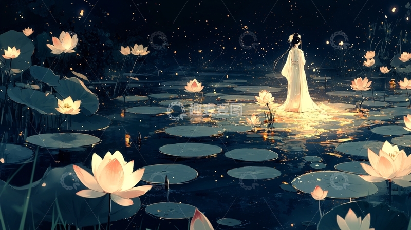 高清大图下载【趣麦麦图】夜晚荷花池中女子