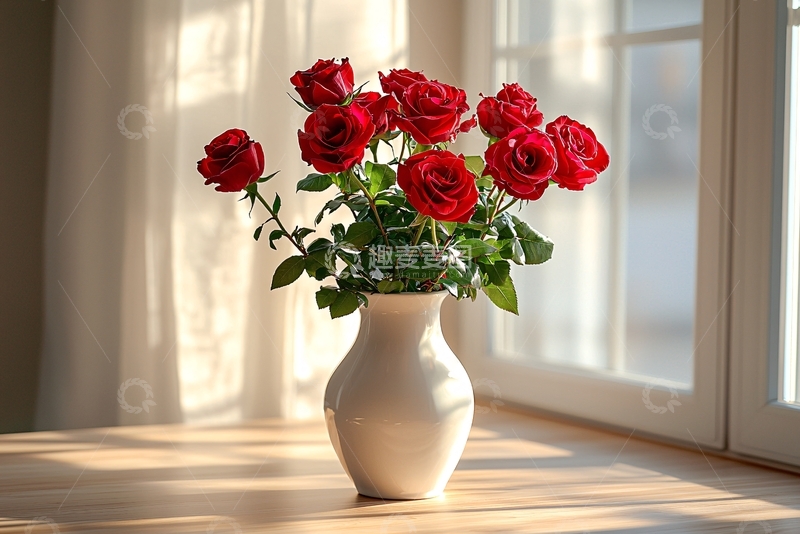 高清大图下载【趣麦麦图】窗边红玫瑰花束