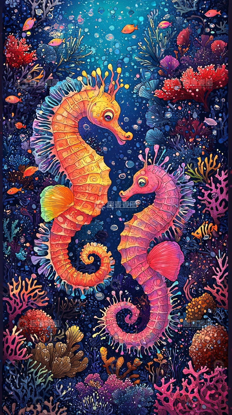 高清大图下载【趣麦麦图】海马情侣卡通插画