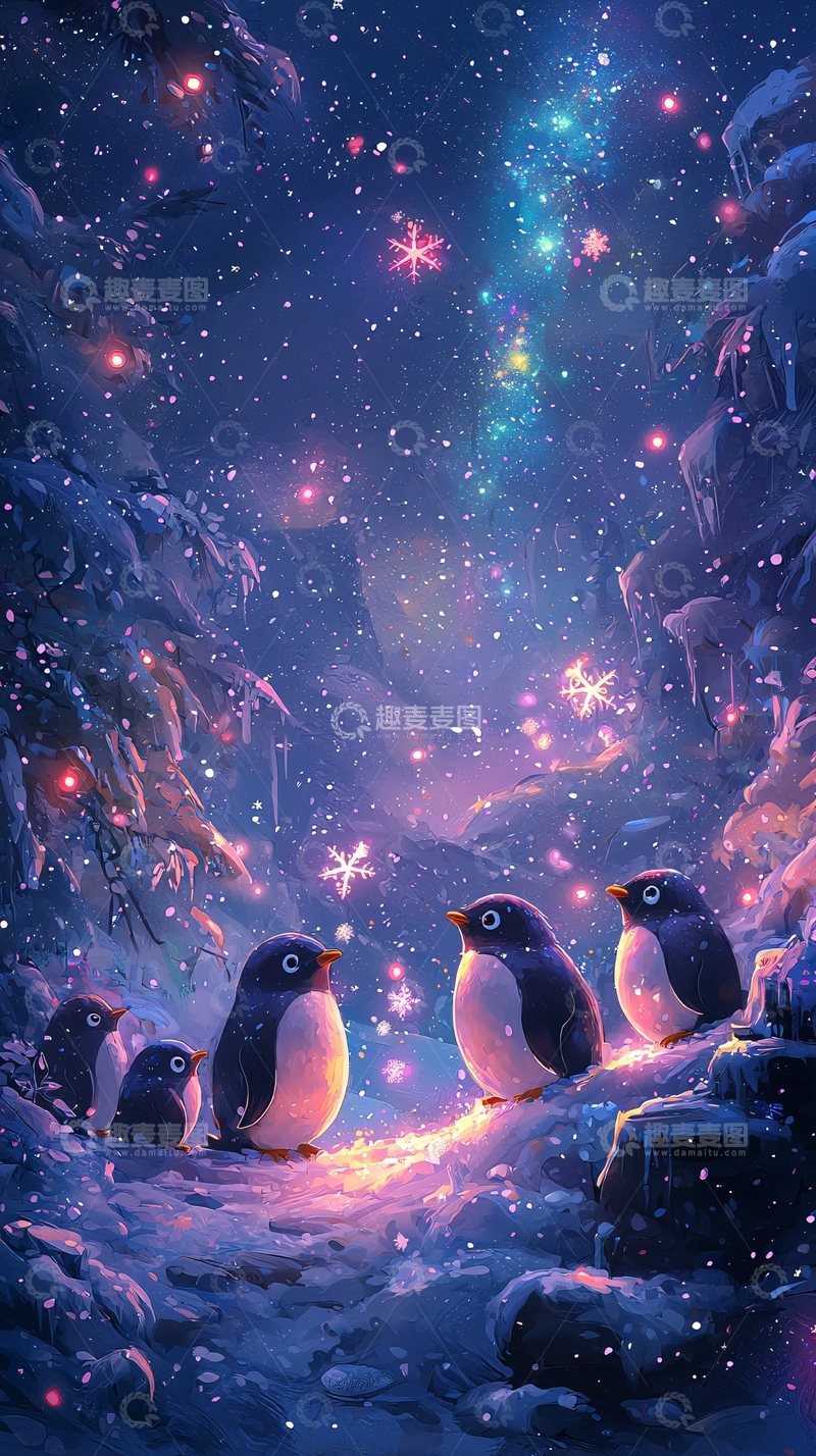 高清大图下载【趣麦麦图】梦幻星空下的小企鹅