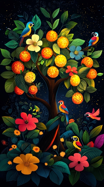 生机勃勃的果树与鸟