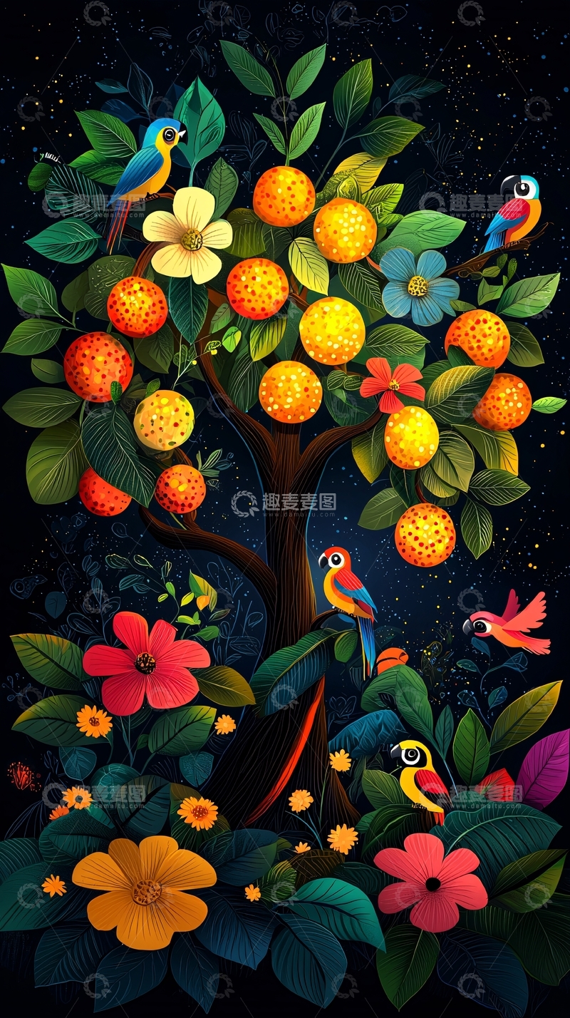 高清大图下载【趣麦麦图】生机勃勃的果树与鸟