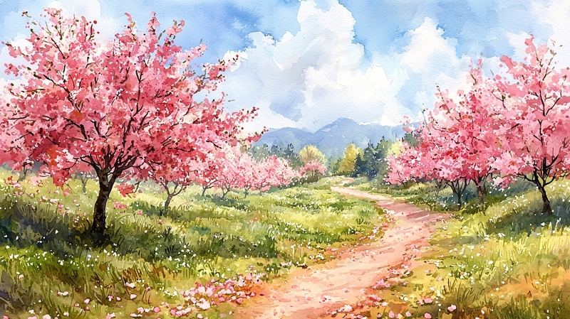 春日粉色桃花田园小路