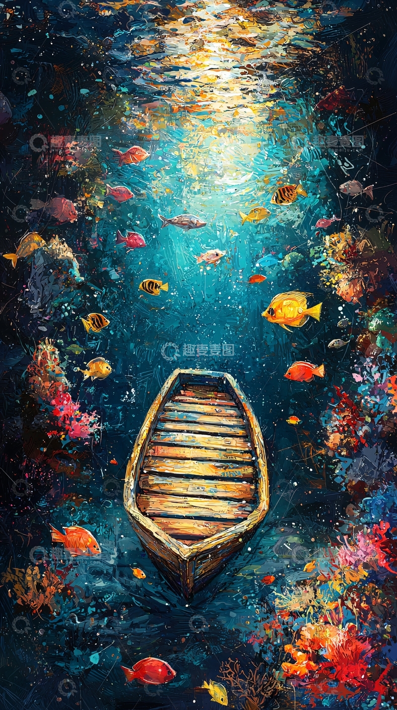 高清大图下载【趣麦麦图】海底木船与鱼群