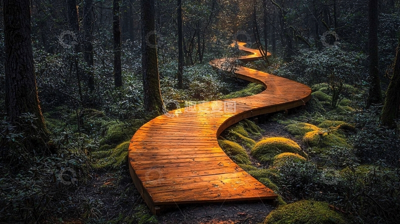 高清大图下载【趣麦麦图】森林木栈道