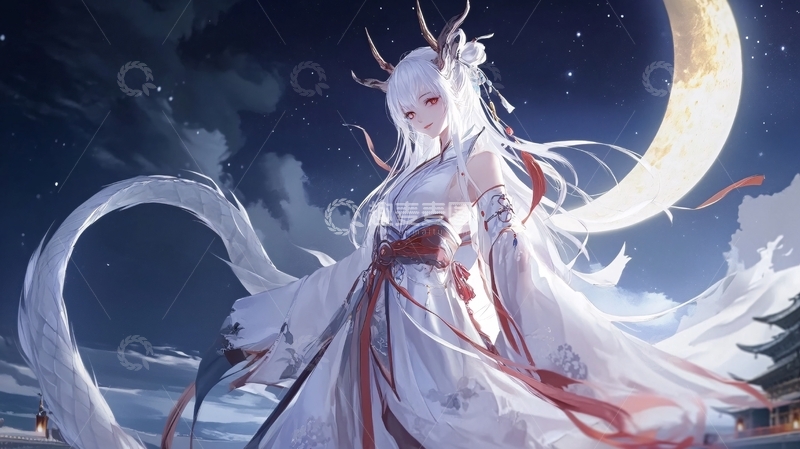 高清大图下载【趣麦麦图】白发女孩月夜长袍