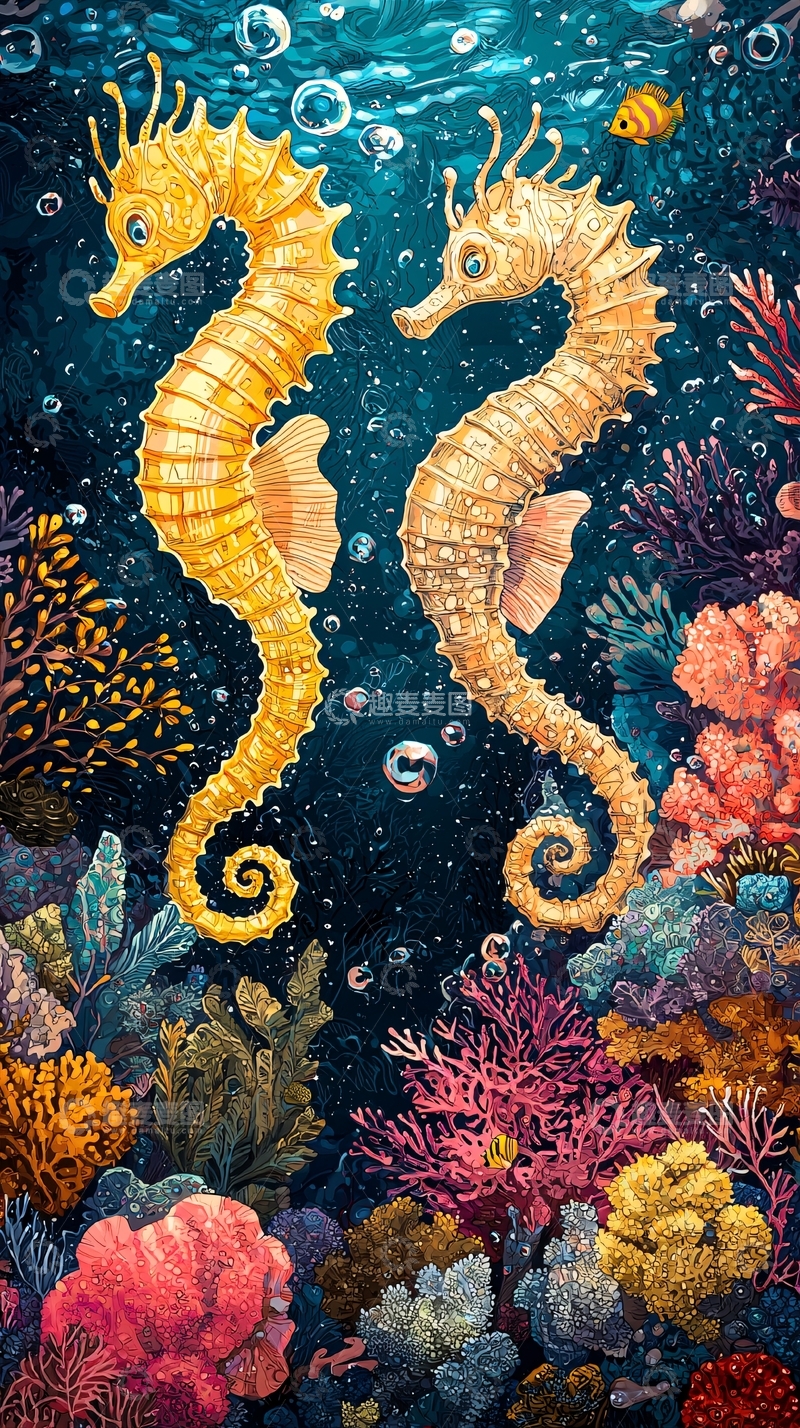 高清大图下载【趣麦麦图】海底两匹金色海马
