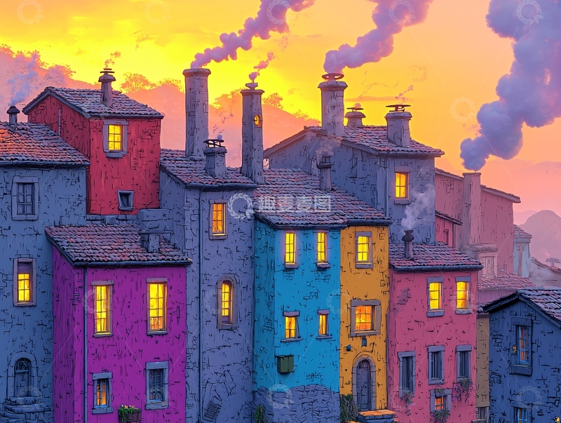 高清大图下载【趣麦麦图】彩色房屋的烟囱冒烟