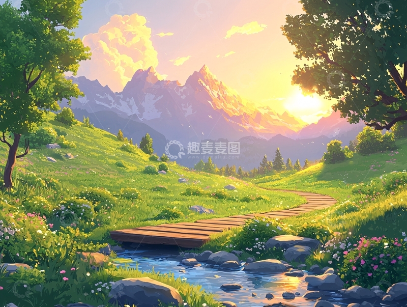 高清大图下载【趣麦麦图】田园风光日落山景小溪