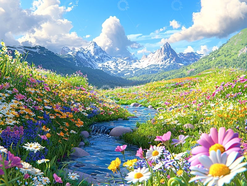 高清大图下载【趣麦麦图】山间溪流野花盛开
