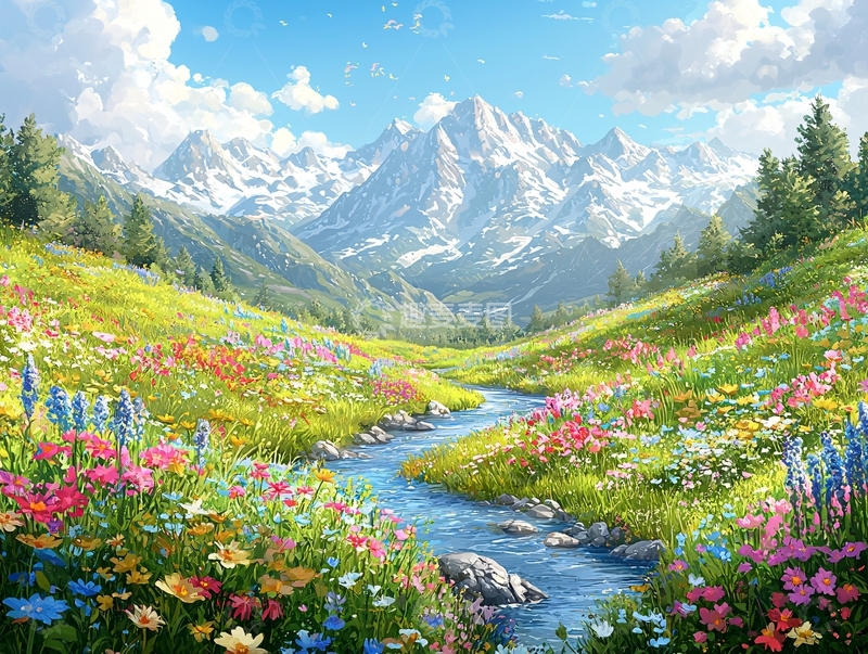 高清大图下载【趣麦麦图】雪山花海溪流风景