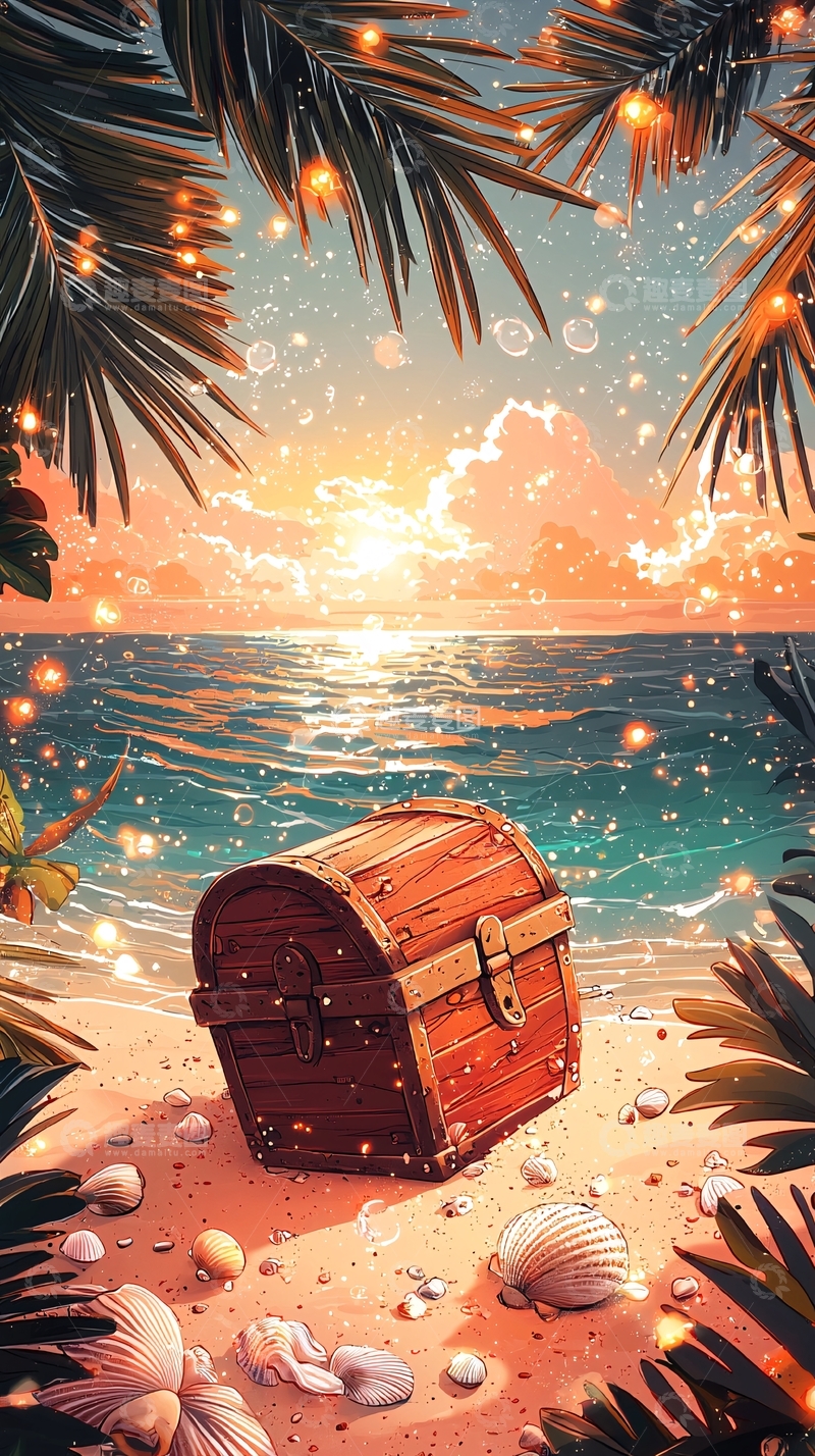 高清大图下载【趣麦麦图】海滩上的宝箱日落