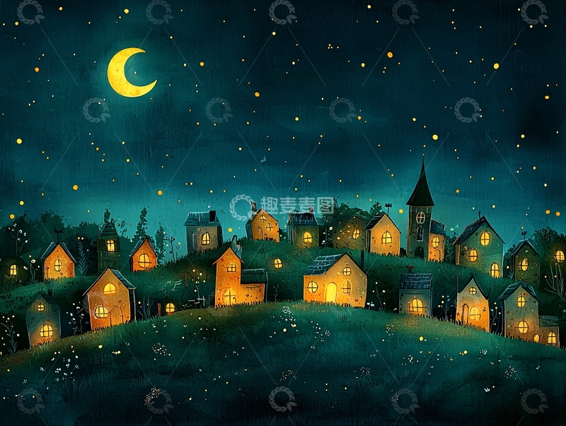 高清大图下载【趣麦麦图】夜晚小镇