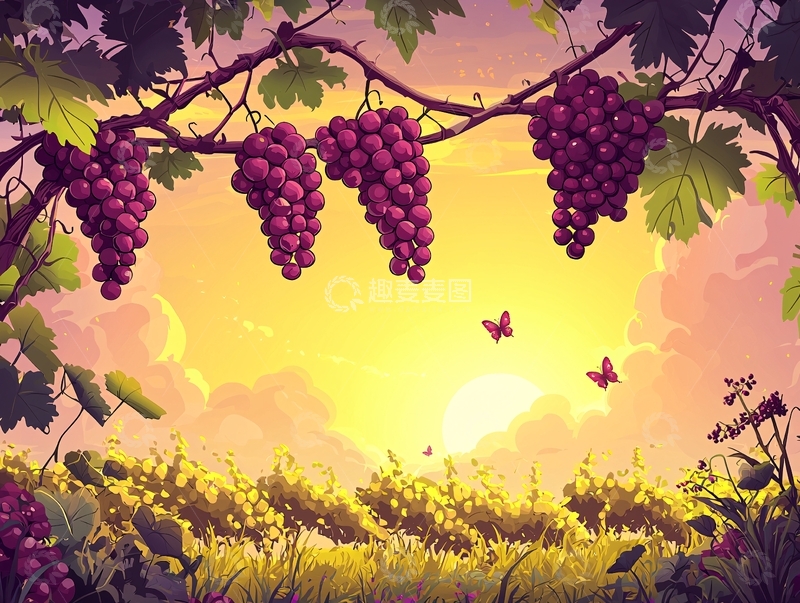 高清大图下载【趣麦麦图】夕阳下葡萄藤上的紫葡萄