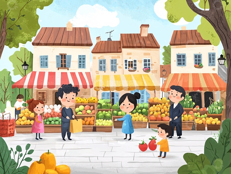 高清大图下载【趣麦麦图】热闹的集市街景插画
