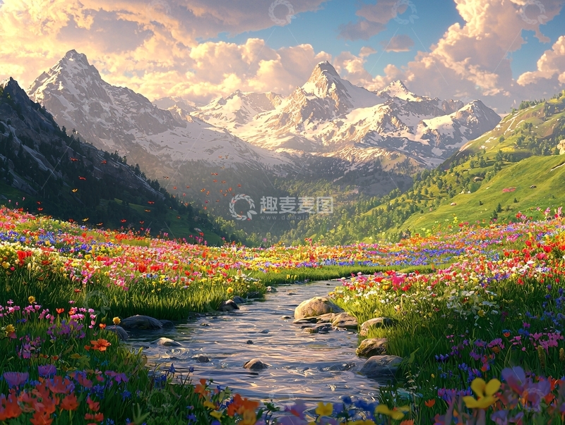 高清大图下载【趣麦麦图】雪山花海溪流风景
