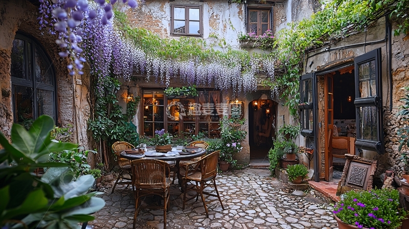 高清大图下载【趣麦麦图】紫藤花覆盖的庭院餐厅