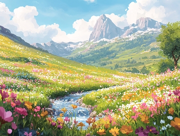 山谷鲜花溪流