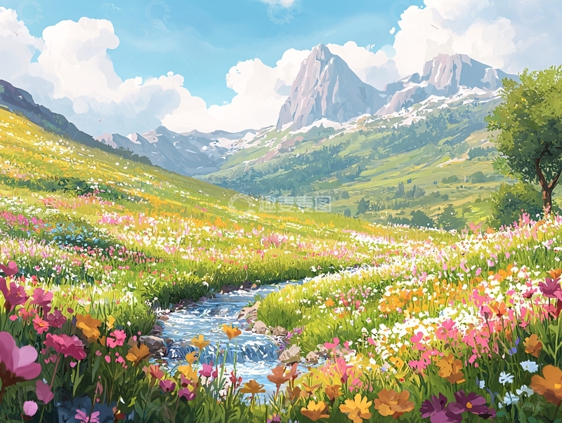 高清大图下载【趣麦麦图】山谷鲜花溪流