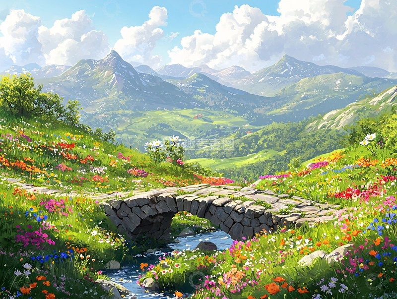 高清大图下载【趣麦麦图】山间小桥鲜花盛开