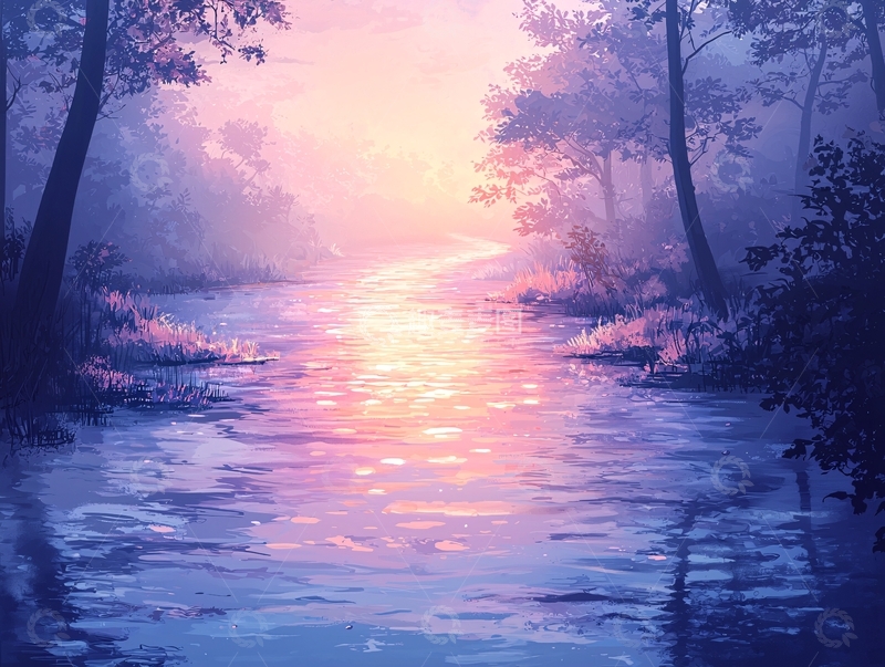 高清大图下载【趣麦麦图】宁静的森林小河日落