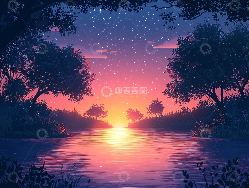 高清大图下载【趣麦麦图】梦幻星空下的湖边日落