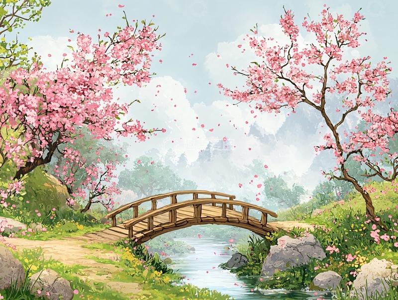 高清大图下载【趣麦麦图】粉色樱花小桥流水唯美意境