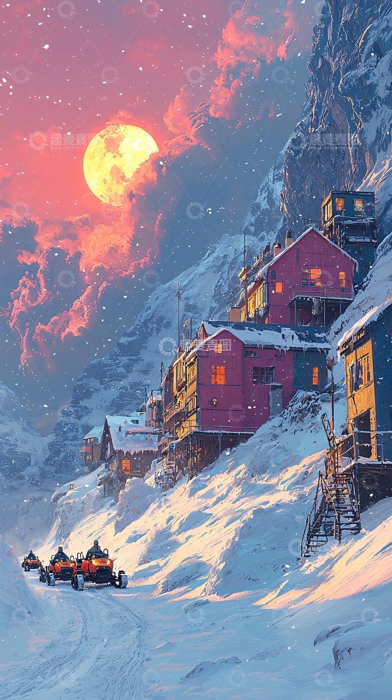 高清大图下载【趣麦麦图】雪山小镇