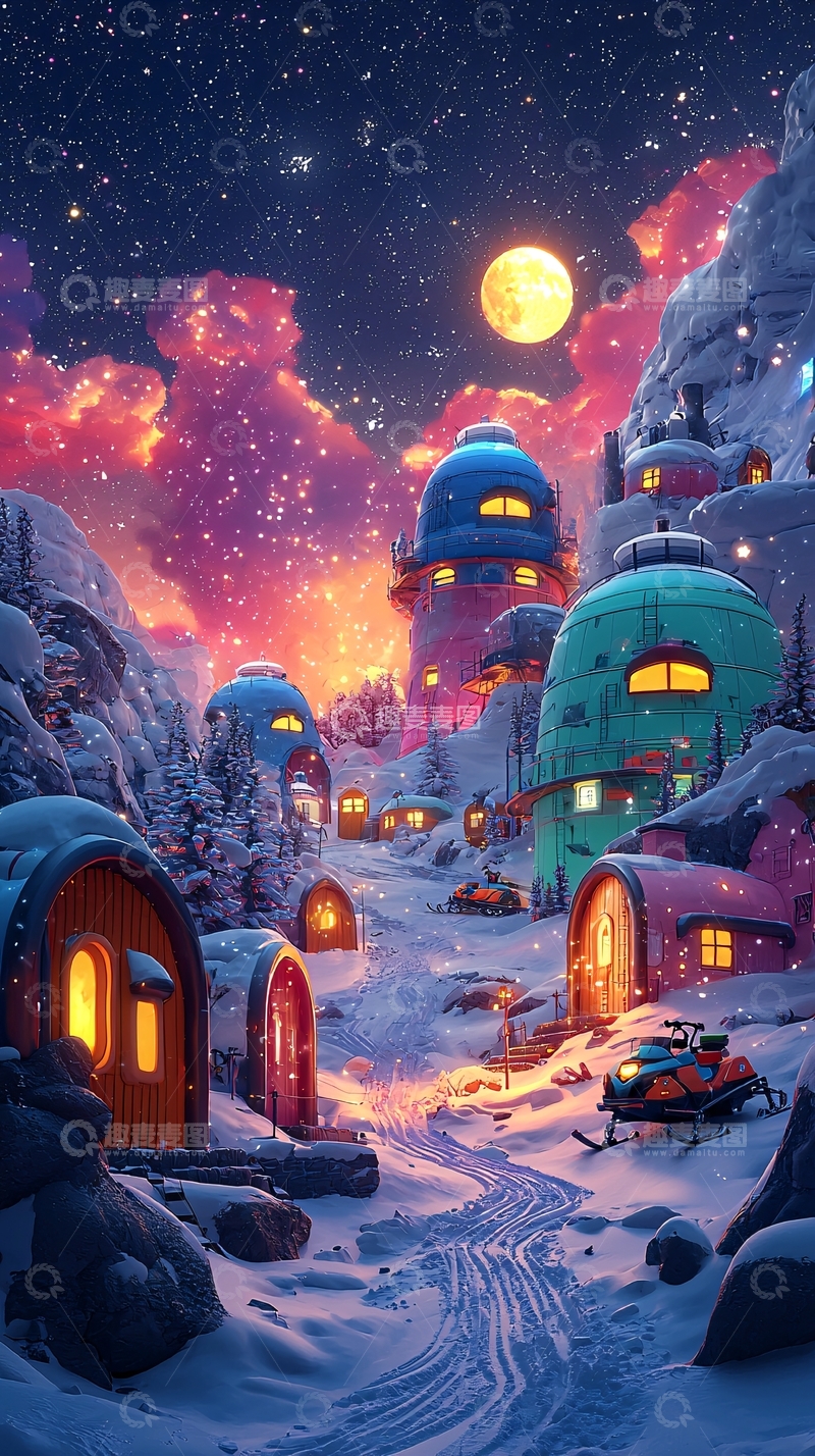 高清大图下载【趣麦麦图】梦幻雪夜山村