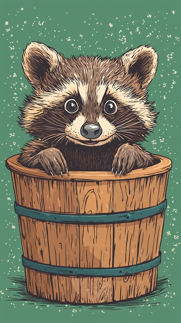 可爱浣熊木桶