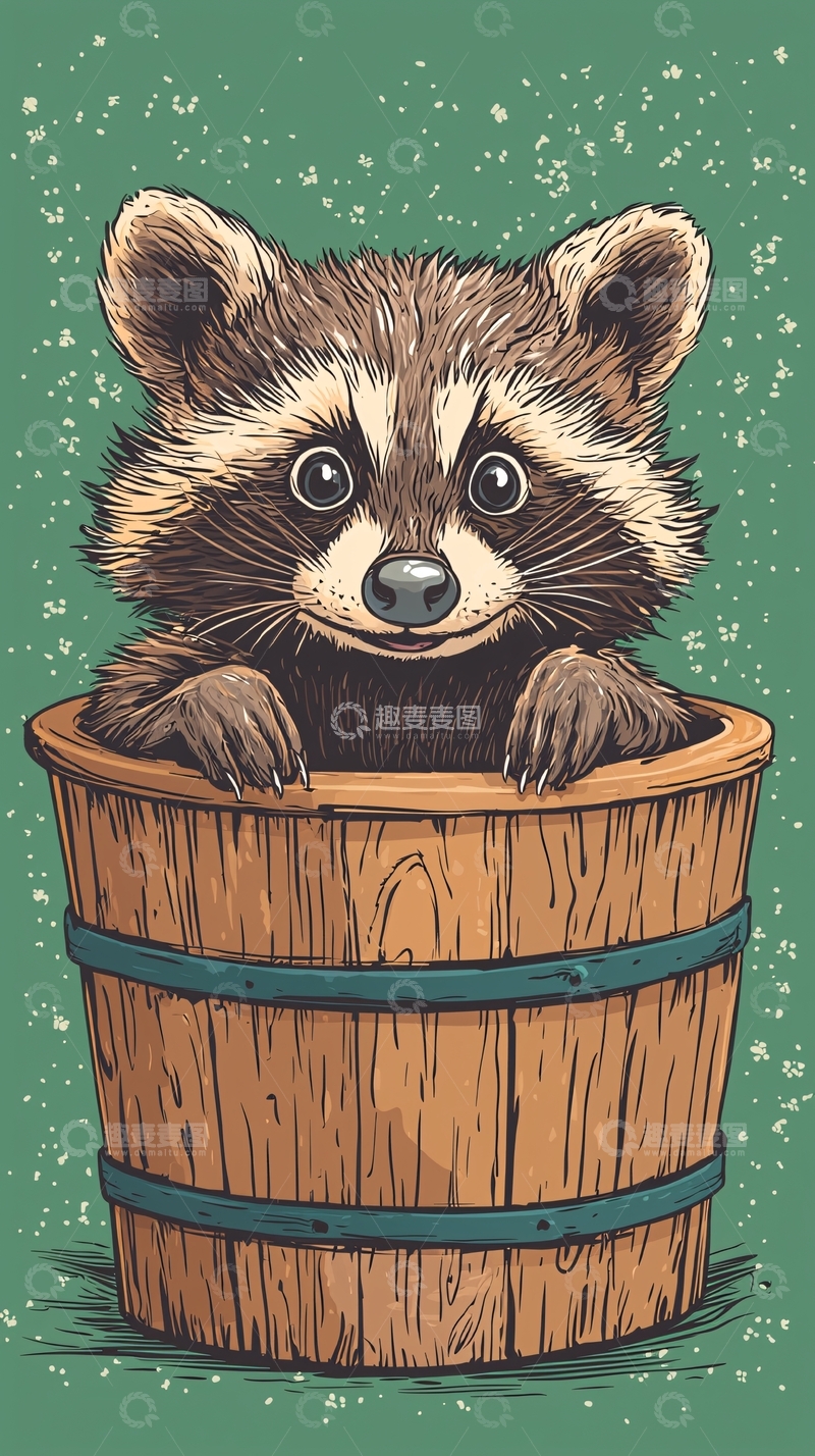高清大图下载【趣麦麦图】可爱浣熊木桶