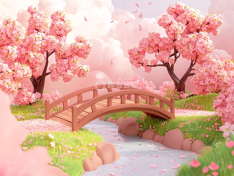高清大图下载【趣麦麦图】粉色樱花树下的木桥