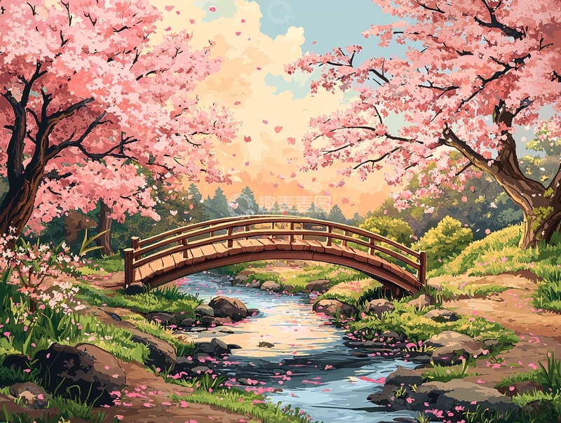 高清大图下载【趣麦麦图】樱花树下的拱桥小溪