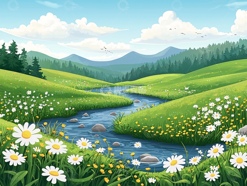 高清大图下载【趣麦麦图】绿地鲜花小河风景如画