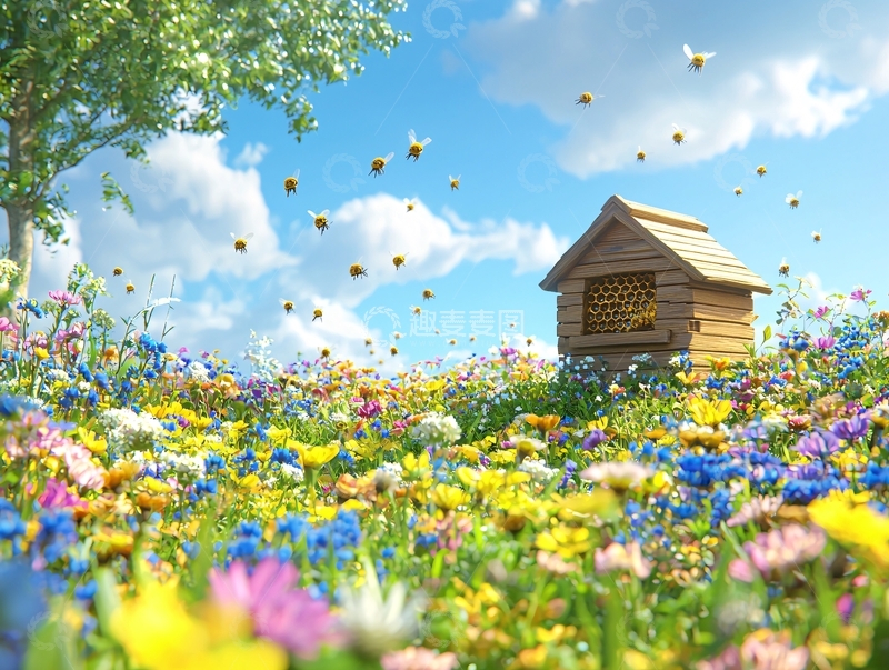 高清大图下载【趣麦麦图】蜂箱花海蓝天白云