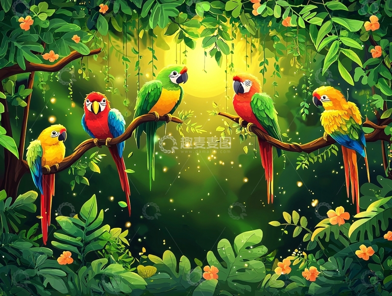 高清大图下载【趣麦麦图】热带雨林中的鹦鹉