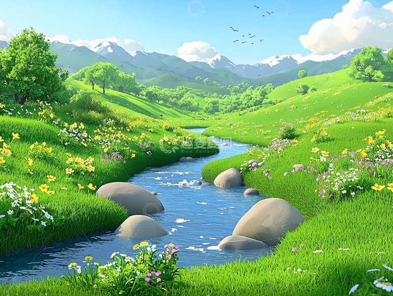 高清大图下载【趣麦麦图】绿草如茵的山谷溪流