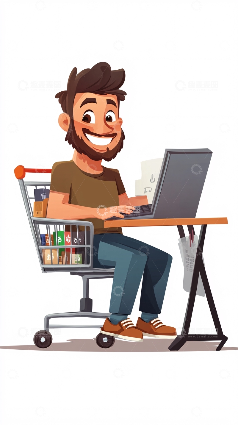 高清大图下载【趣麦麦图】快乐的男士在购物车办公