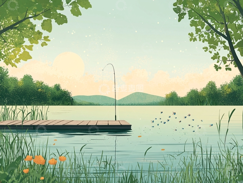 高清大图下载【趣麦麦图】宁静的湖边钓鱼场景