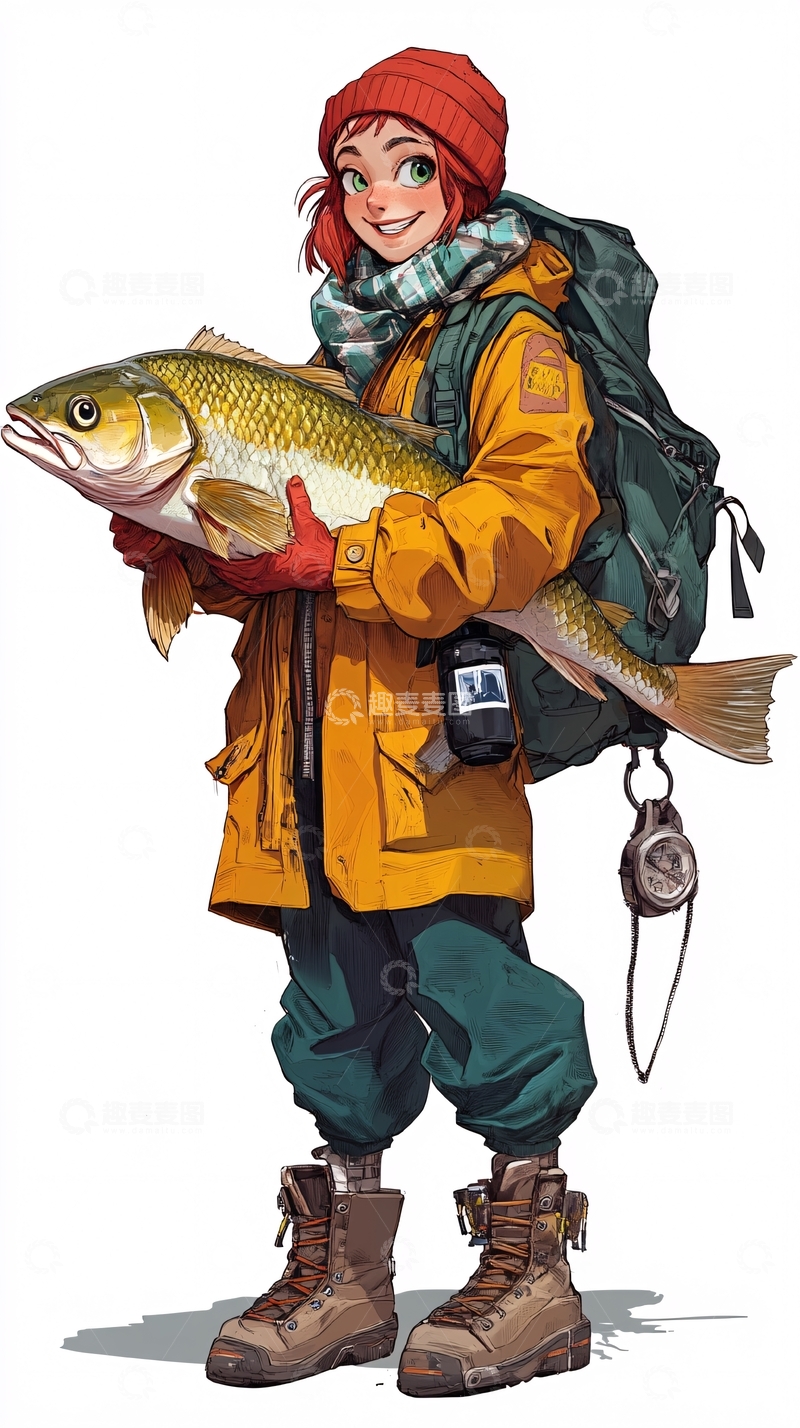 高清大图下载【趣麦麦图】红发女孩钓到的大鱼