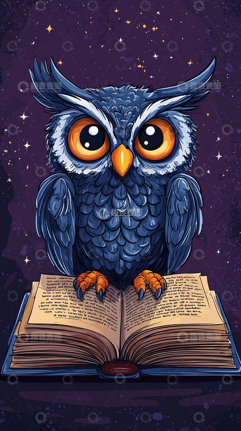 高清大图下载【趣麦麦图】星空背景下的猫头鹰看书