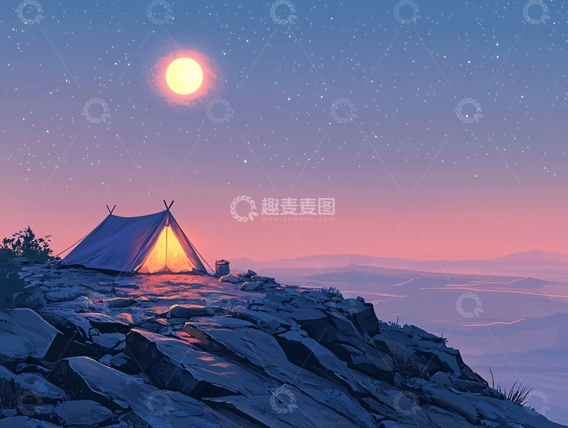 高清大图下载【趣麦麦图】夜晚山顶的帐篷